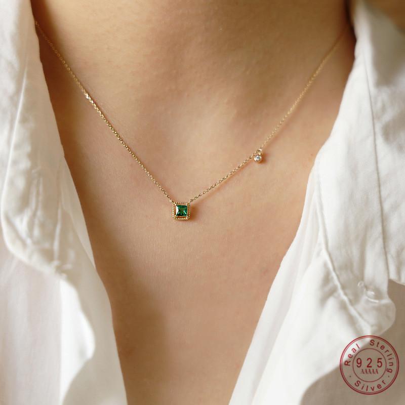 S925 Sterling Silver Plating 14k Gold Retro Green Square Pendant Necklace for Women Temperament Wedding Jewelry Gifts