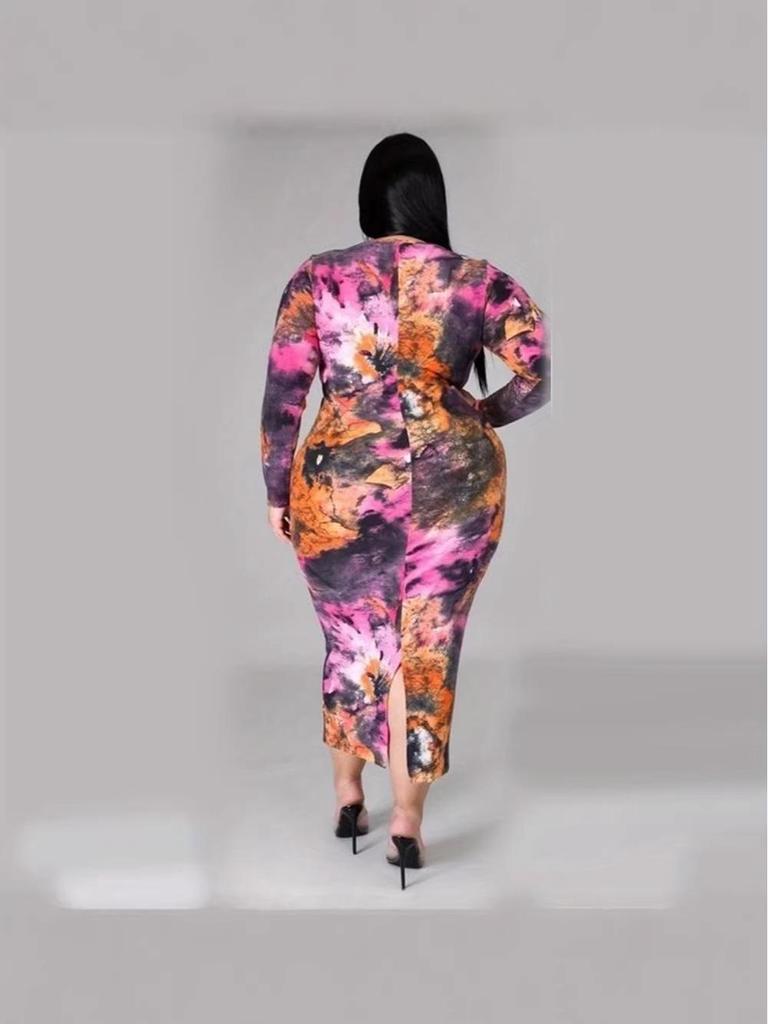 Elegant European & American Style Sheath Dress with Slit – Printed Long-Sleeve, Slim Fit, Round Neck