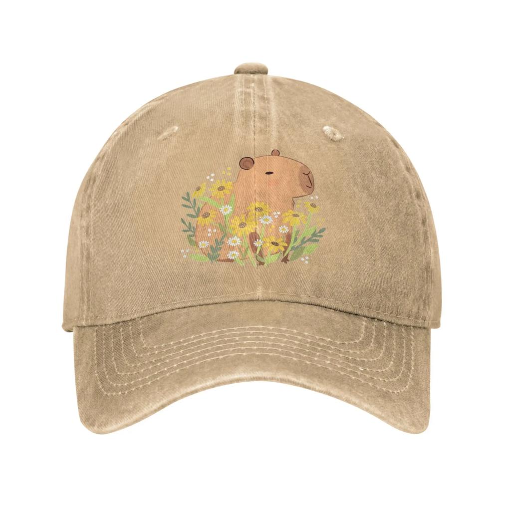 Capybara with Daisy Flowers Sun Baseball Cap Yk Cute UnisexTeens Washed Hats Breathable Custom DIY Baseball Caps Gift Idea