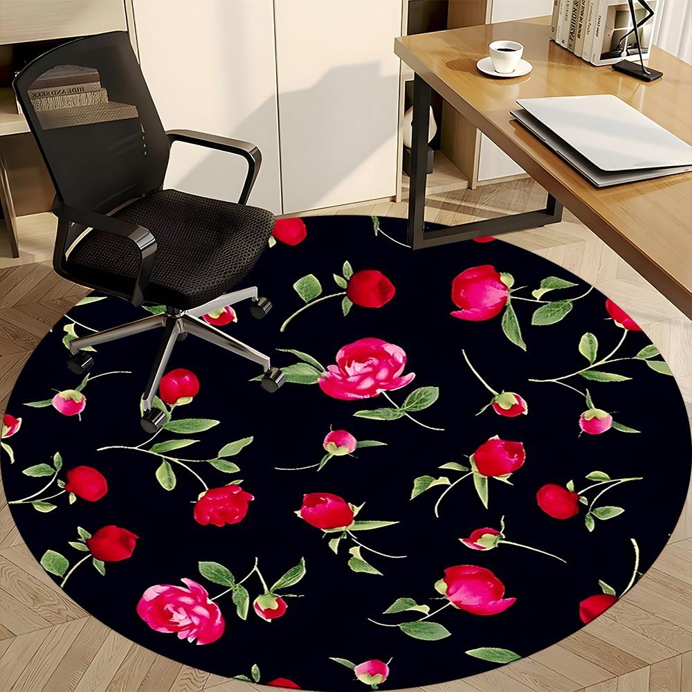 1 Stück Rote Rose Muster Stuhlteppich für Büro, Runder Polyester Teppich, Innen Dekoration für Büro, Pflegeleichtes Gewebe, Waschbarer Rutschfester Bereichsteppich