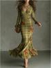 Vintage Plaid Rose Print Slim Fit Fishtail Skirt