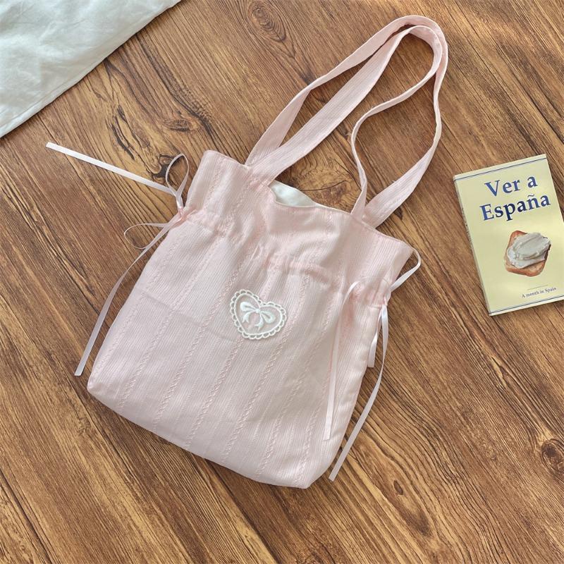 3 Girls Heart Bow Shoulder Bag Drawstring Bundle Canvas Bag Fresh Handbag Women's Shopping Bag
