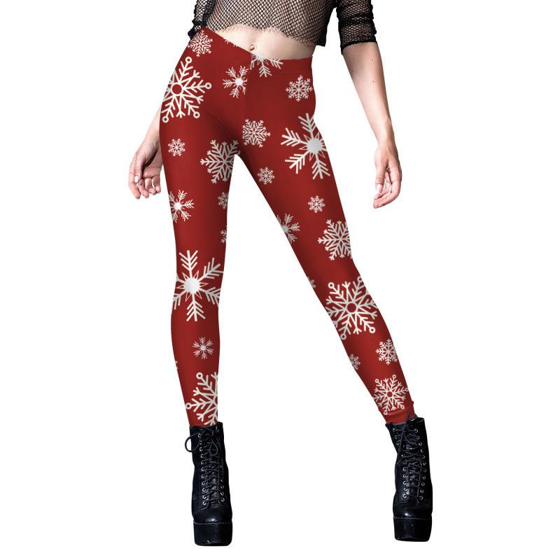 

Red High Waist Snowflake Print Christmas Leggings - Slimming Skinny Fit Base Layer Pants Small