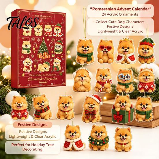 24 Day Countdown Calendar Pomeranian Christmas Countdown, 24-Day Advent with 2D Acrylic Tabletop Ornaments Dog Ornaments, Tree Hanging Decor, Gift for