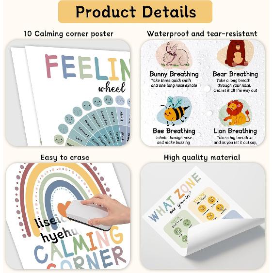 10 Calming Corner Posters for Classroom Decorations, Boho Feeling Charts Poster, Calm Down Corner Mental Health Poster for Toddlers, Kids Educational