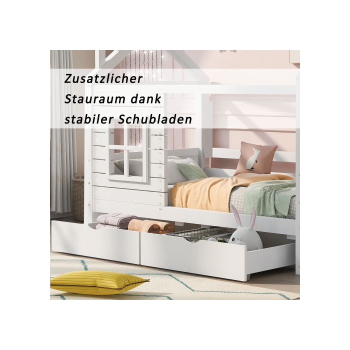 Lit junior - MUVOE - 90x200 cm - Bois massif - Avec tiroirs - Blanc