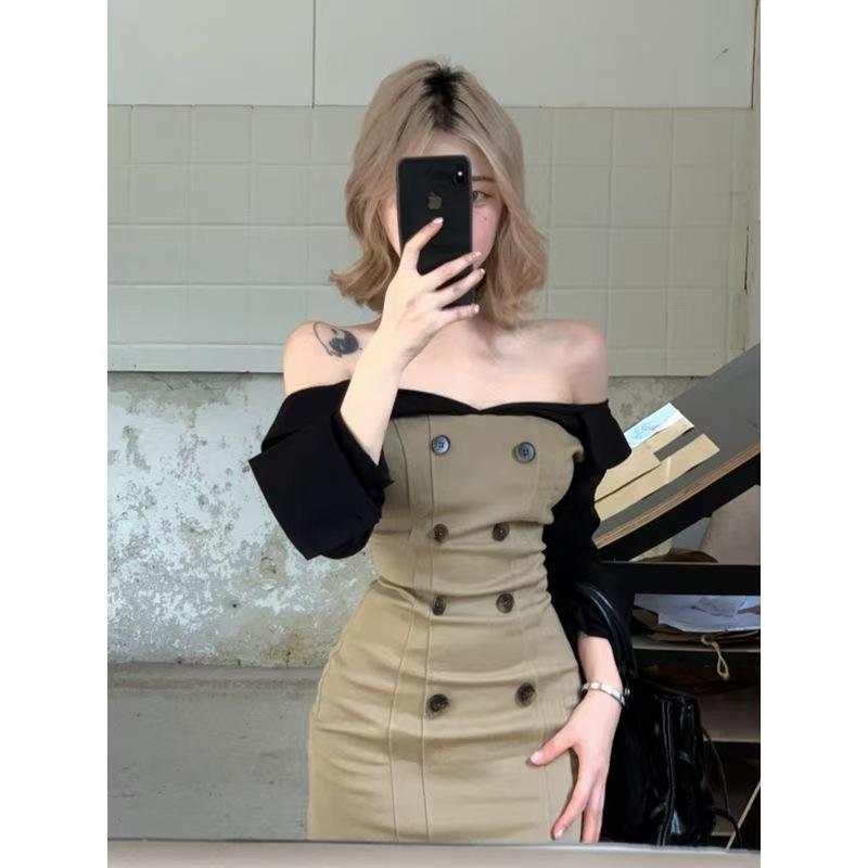 Patchwork Off-Shoulder Long-Sleeve Bodycon Dress with Waist-Cinching Design for Women - Autumn Hip-Hugging Short Skirt.