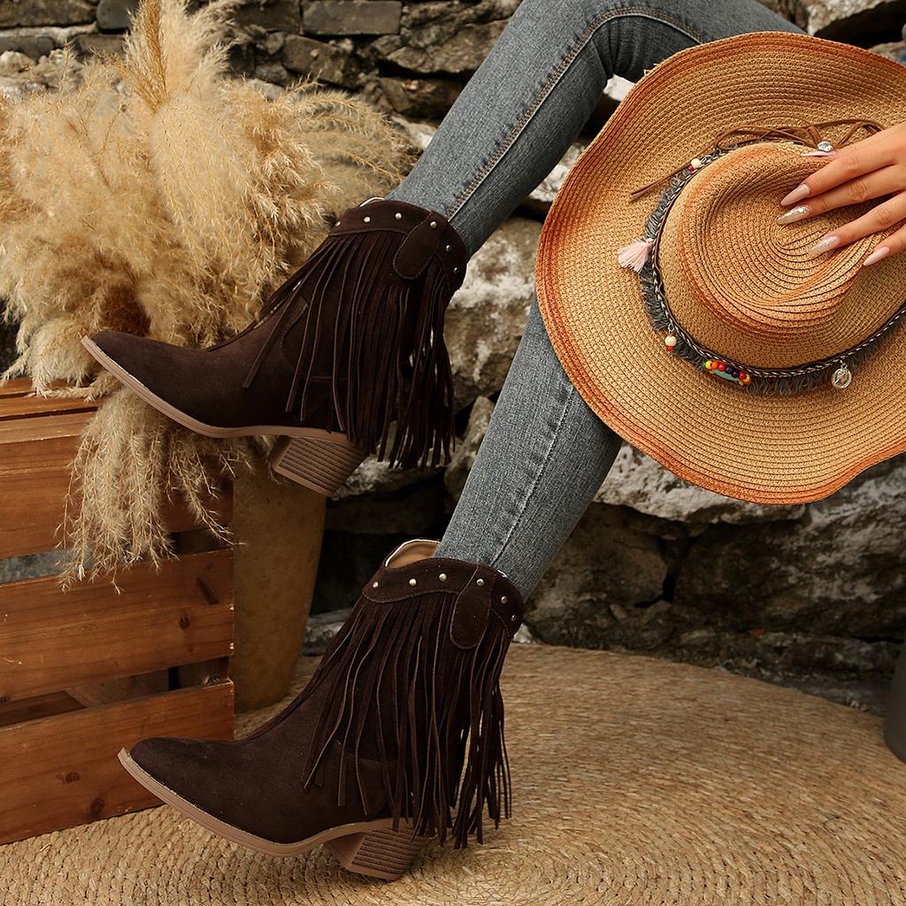 New Style Luxury Women's Brand Design Tassel Western Stray Boot Women Pointed Toe Mid Calf Riding Boots Metal Decoration Booties