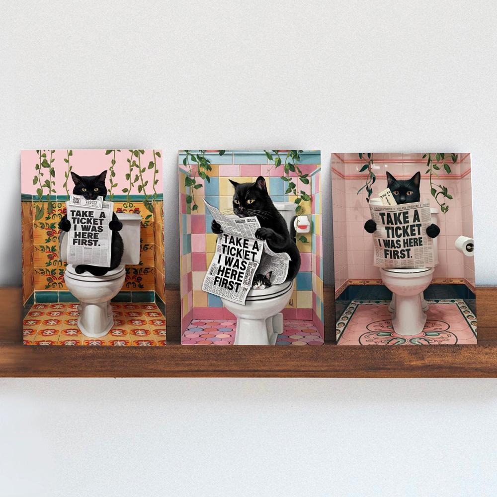 Funny Pink Bathroom Wall Decor Pooping Cat Print Toilet Wall Art Funny Cat Poster Bathroom Home Decoration Canvas Painting