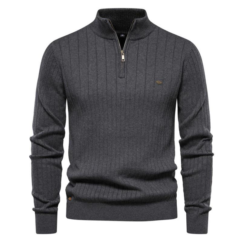 Men s Casual High-Quality Cotton Knit Stand Collar Pullover Sweater with Zipper XL темно-серого