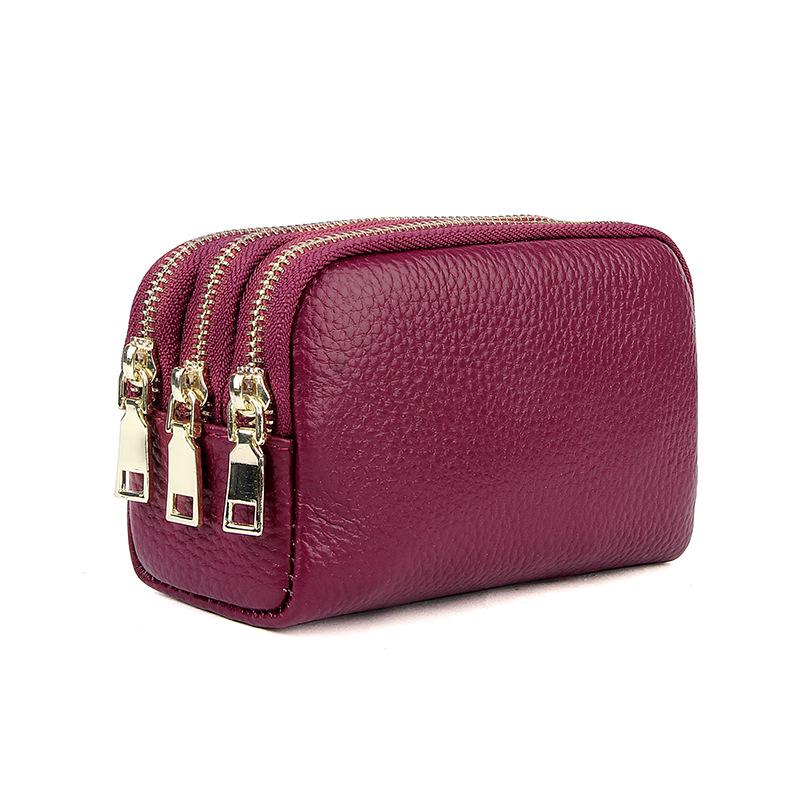 Women's Genuine Leather Three-Zipper Coin and Key Clutch