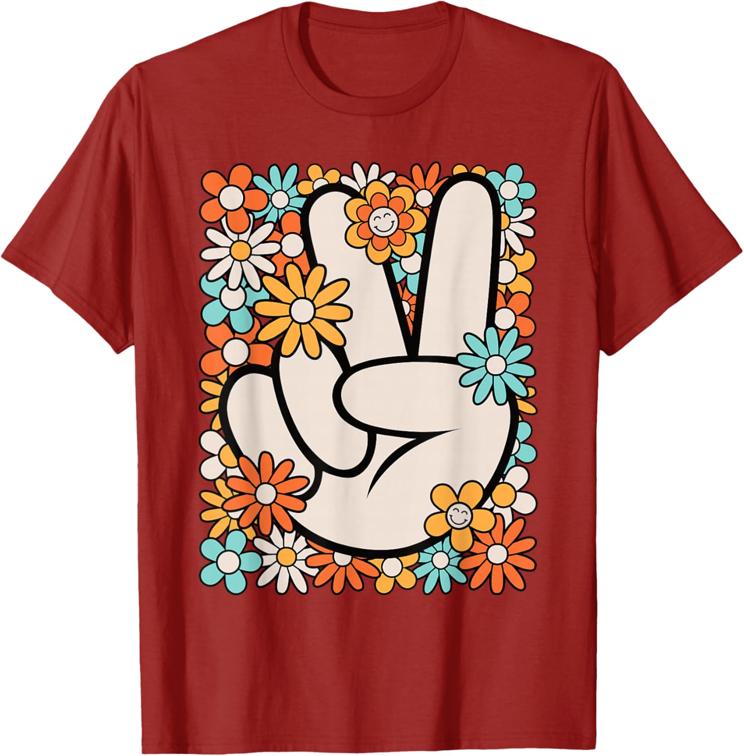 Hippie Peace Hand Sign Groovy Flower Retro 60s 70s Graphic T-Shirt for Men Women S