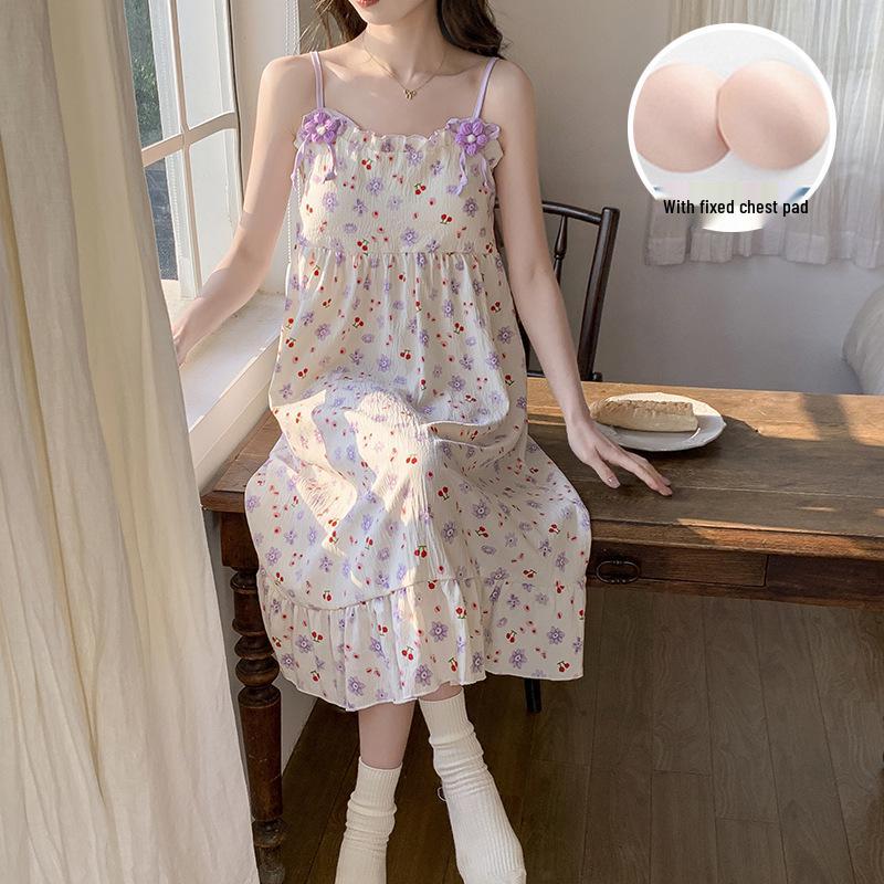 Women's 2026 Summer Cloud Cotton Camisole Nightgown with Built-in Bra, Princess Style Long Dress Lapel