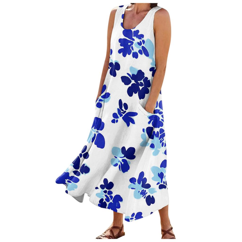 Damenmode Sommer Lässig Ärmellos Floral Bedruckt Kleine Tasche Kleider