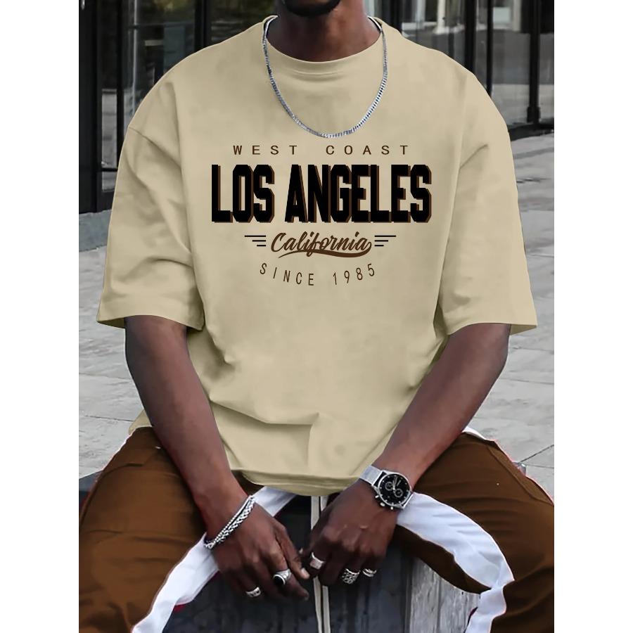 Cotton Summer Men's 100% Cotton Comfortable Casual Loose Plus Size LOS ANGELES Printed Sports Round Neck Oversized Short Sleeved T-shirt Top