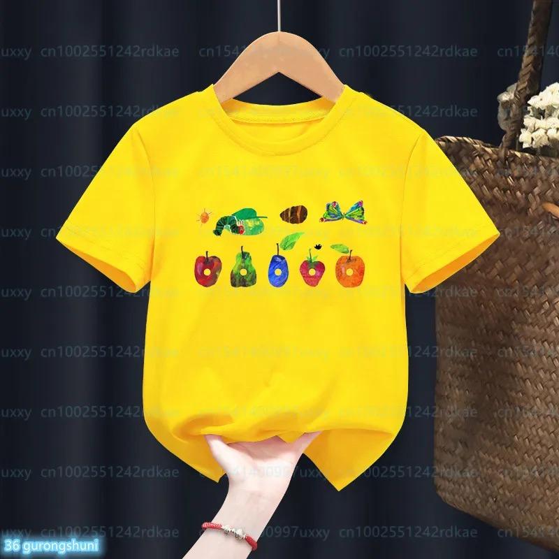 Newly Kids T-Shirt Funny The Very Hungry Caterpillar Cartoon Print Tshirts For Boys Summer Cute Boys/Girls Yellow Tshirt Top