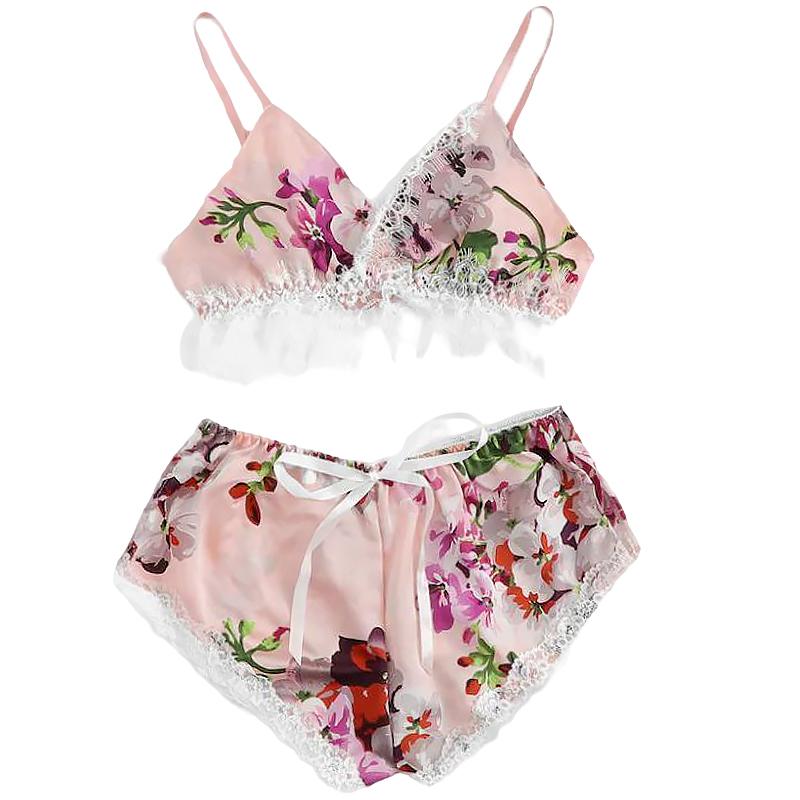 

Женская пижама с бантом и лентой для спальни, удобная одежда для сна, бюстгальтер, майка, ночная одежда, атлас, кружево, оборка, полиэстер, 2 шт./компл. XL