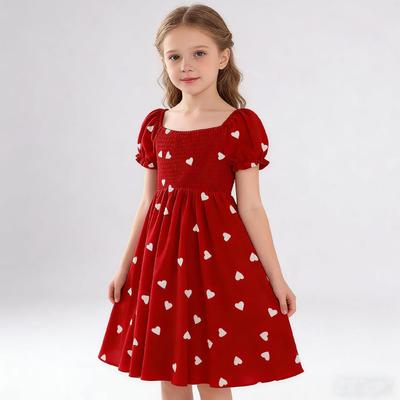 2026 Neues Liebesmuster Puffärmel Mädchen Schleifenkleid Modekleid