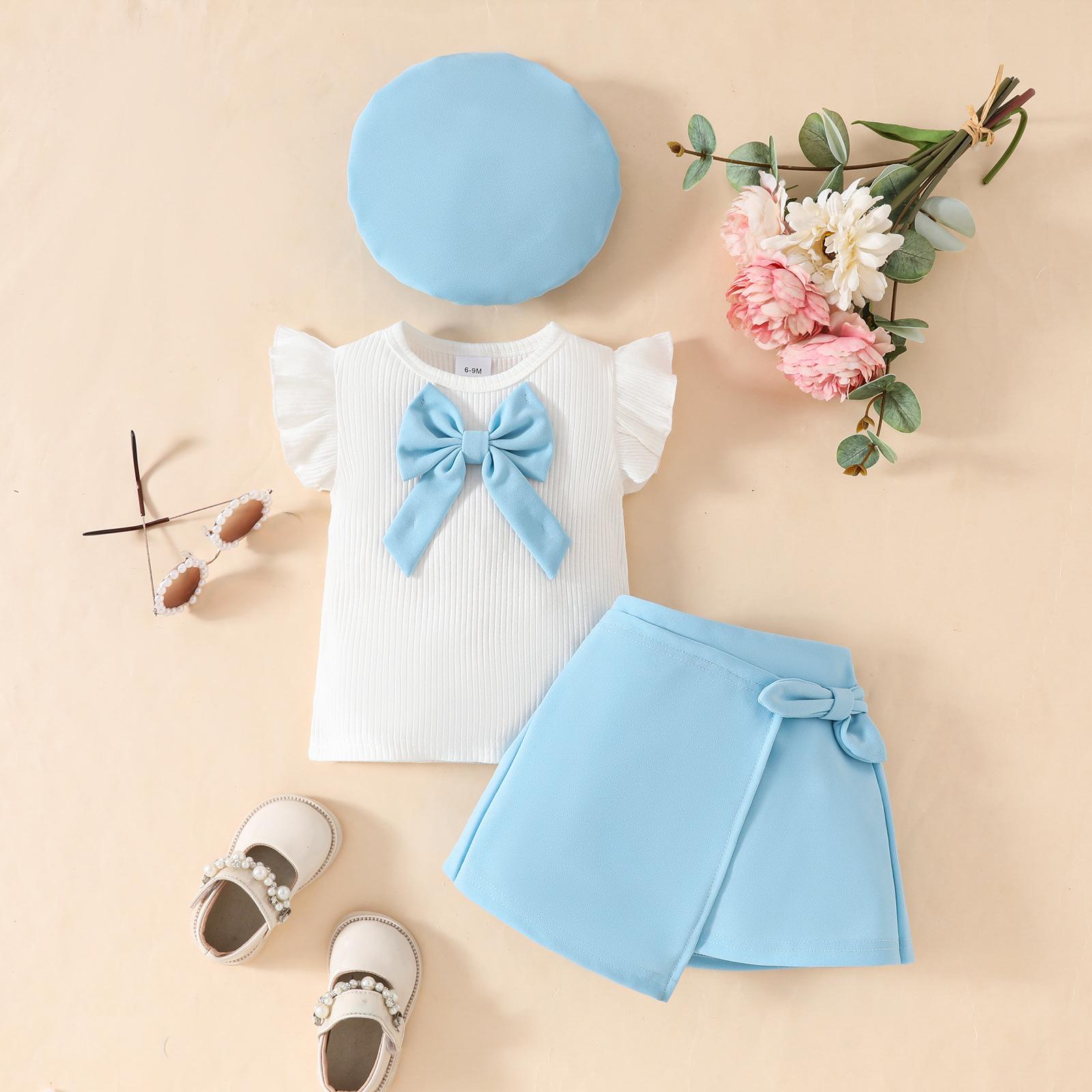

2025 Summer Toddler Girl Big Bow Beret & Sleeveless Top with Tie-Up Skirt Set 9-12 Months небо синє кольору