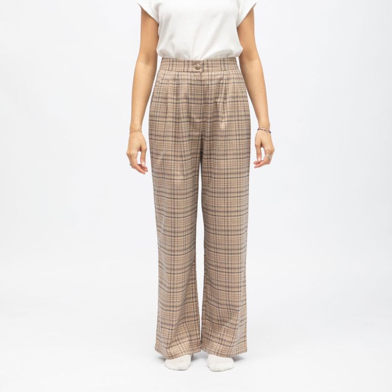 Pantalon palazzo à carreaux paoline marron clair Femme LA PETITE ETOILE