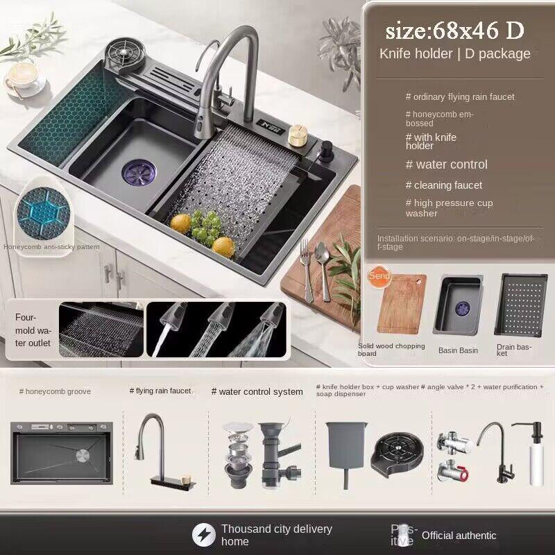 Embossed Honeycomb Flying Rain Waterfall Sink Handmade Kitchen 304 Stainless Steel Large Single Slot Vegetable Wash Basin Sink
