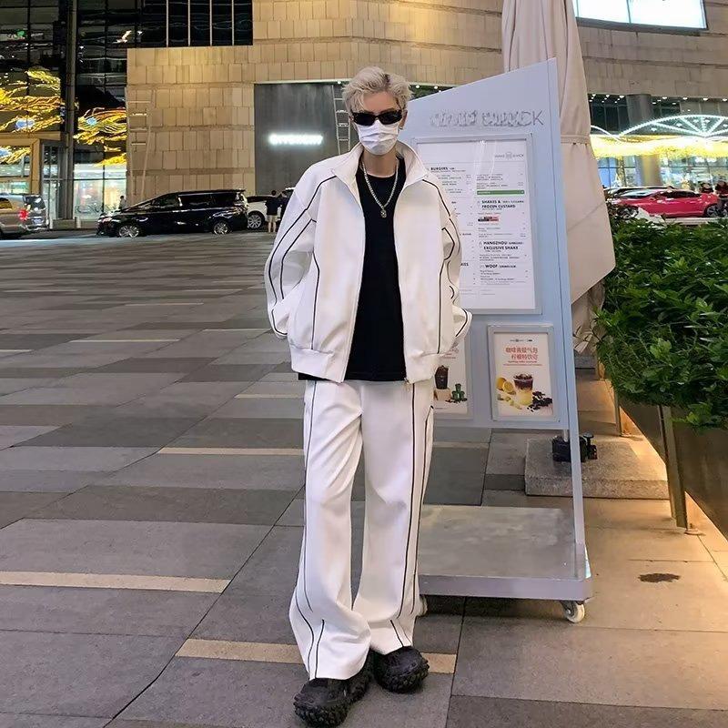 Pánská trendy volná bunda a kalhoty: Korejský styl jednobarevný na jaro a podzim