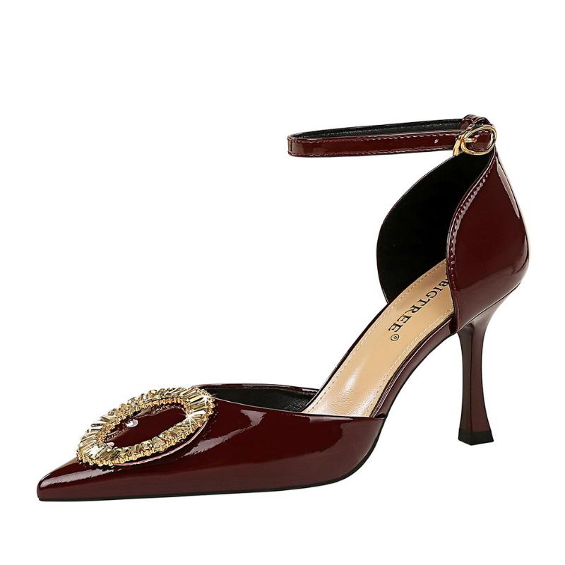 Fashion Fashionable Pointed-Toe High Heels Shallow Mouth Patent Leather Shiny One-Strip Sandals Hollow Metal Temperament Women's Shoes