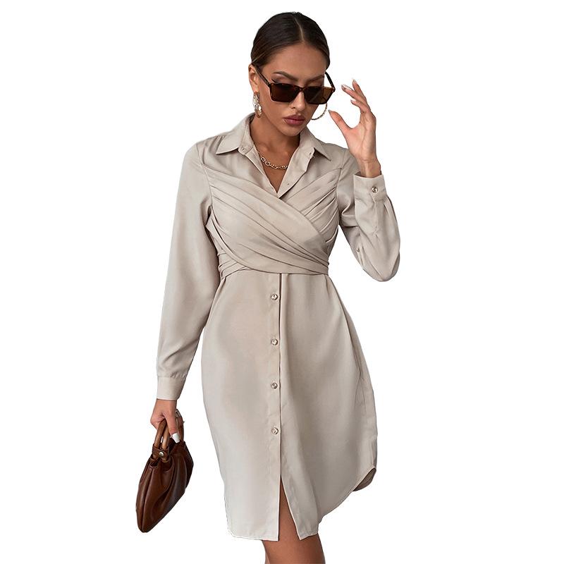 Autumn 2025 Versatile Solid Color Lapel Shirt Dress - Long Sleeve