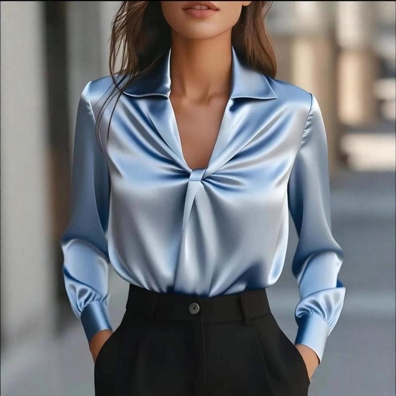 2026 Popular Autumn Fashionable Solid Color Satin Pleated Long-sleeved Shirt for Women