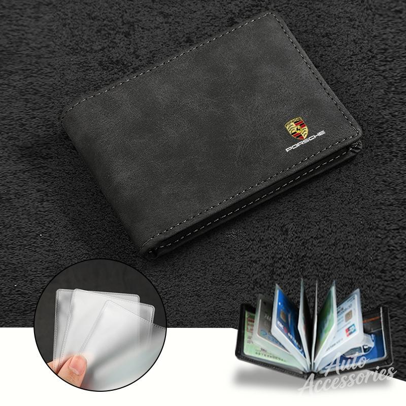 MOXX7 Wildleder Auto Geldbörse Ausweis Kreditkartenhalter Führerschein Tasche Geschenk für Porsche Cayenne Panamera Macan 911 718 Taycan Boxster Cayman Aufkleber