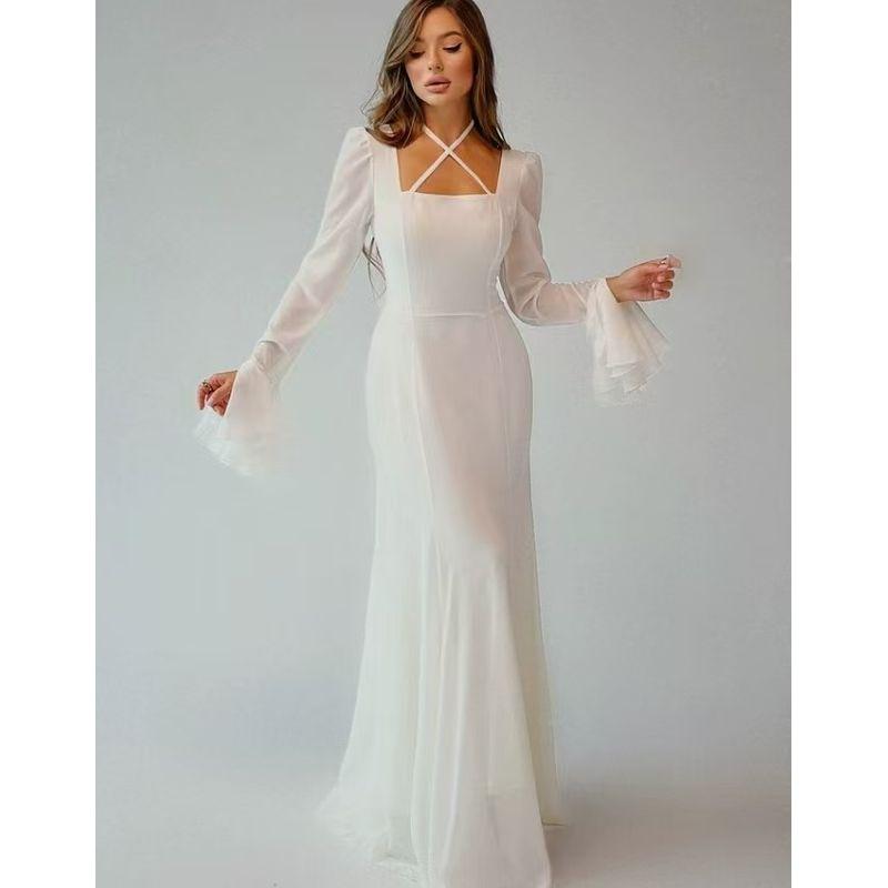 

Western Style Square Collar Bell Sleeve Temperament Dress Square Collar Flared Sleeve Dress White S