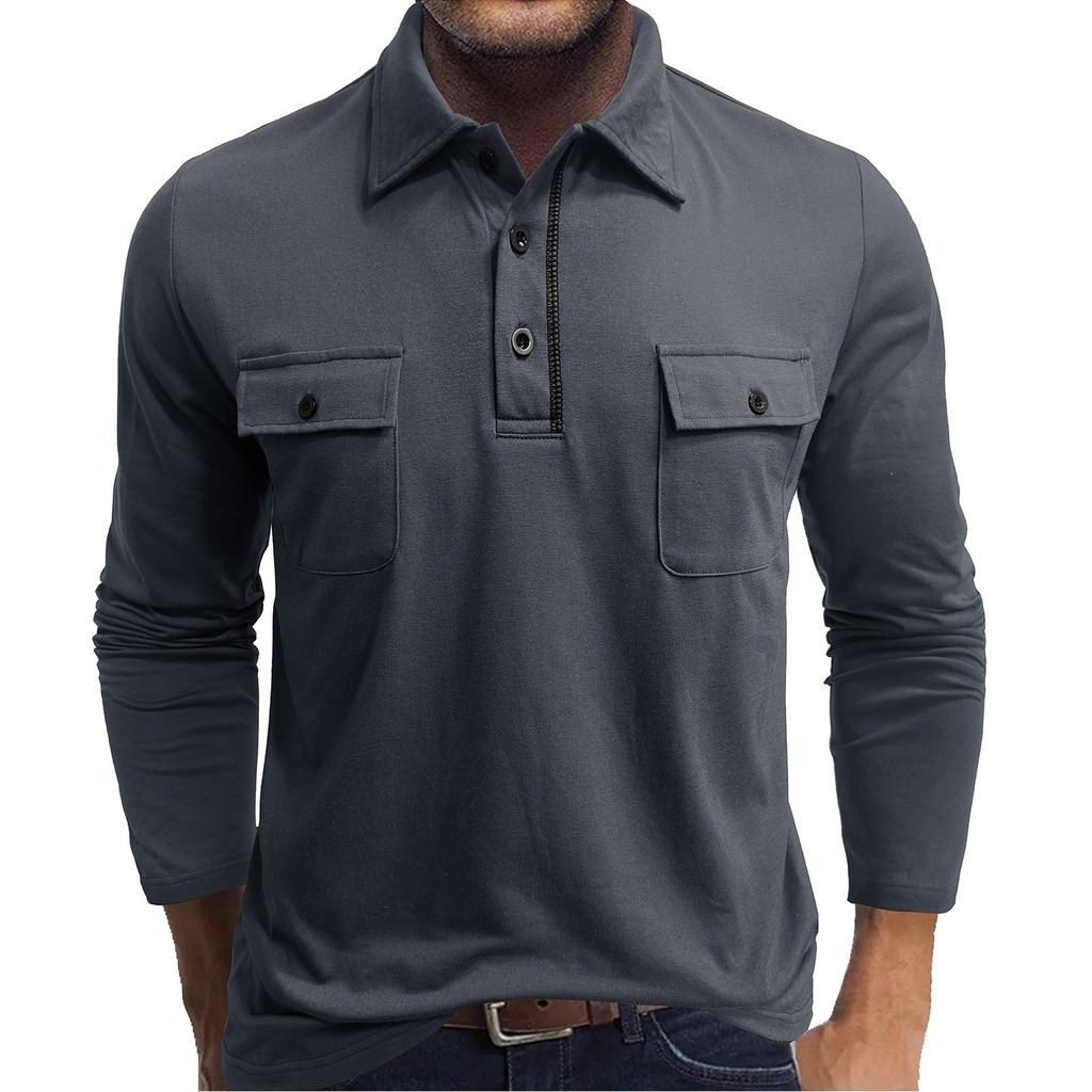 Men's Cotton Solid Color Shirt - Long-Sleeve, Spread Collar, Pocket - Outdoor Casual  Top
