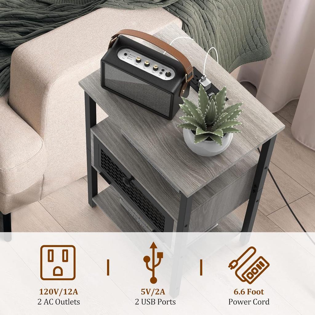 Bedside table 2-piece set with charging station suitable for bedroom, living room, side table with storage drawer