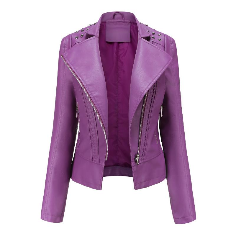 Women's Beaded Leather Jacket Women's Long Sleeve Fashion Jacket Lapel Motorcycle Thin Women's Jacket
