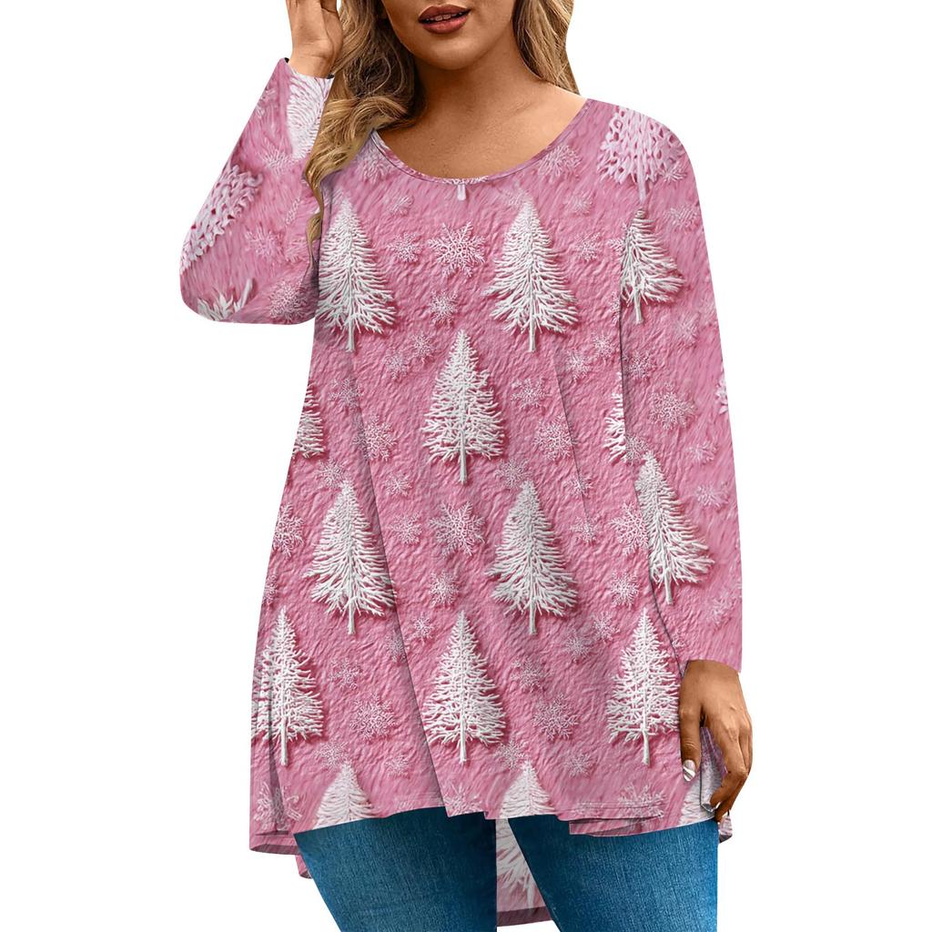 Women's Fashion Large Size Round Neck Long Sleeve Casual Christmas Print Loose Pullover Top
