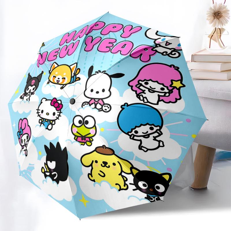 

1pc Hello Kitty Happy New Year Automatic Opening/Closing Umbrella - Portable Three-Fold Design with 8-Bone Iron Frame - Outdoor, Gift for Fans, Travel