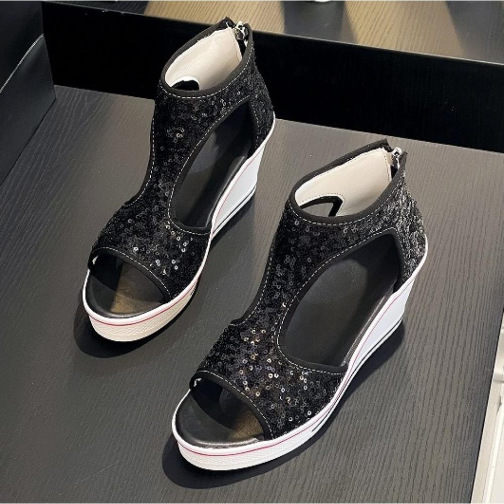Sandals Women's Summer Slope Heel Open-toed Hollowed-out Women's Shoes 2025 New Version 8CM Beaded High-top Fish Mouth Sandals