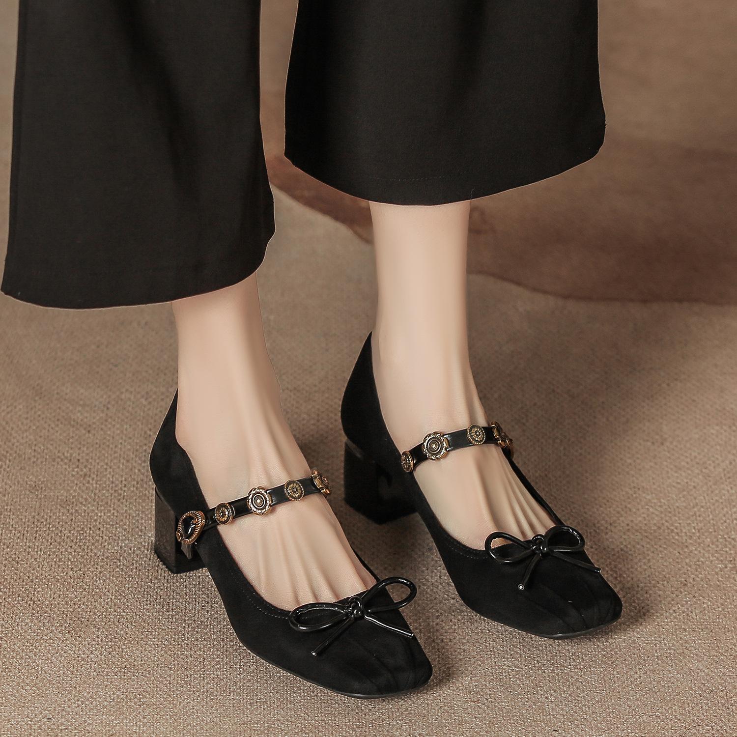 

Новый бант с черными туфлями на высоком толстом каблуке Мэри Джейн, темпераментная легкая замшевая универсальная женская обувь 34 чёрный