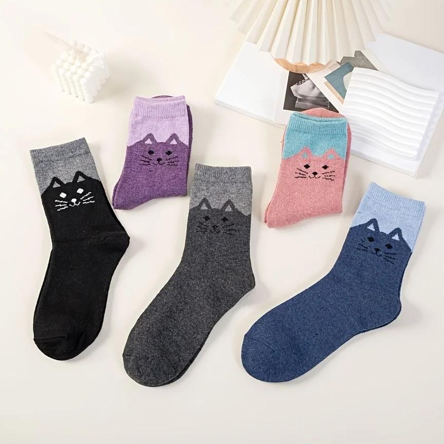 5 pairs of mixed color autumn and winter thick and warm cat head cartoon rabbit blended midsole women's socks