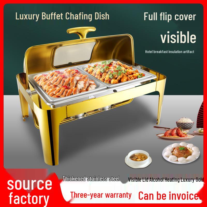 Gold-Plated Stainless Steel Chafing Dish with Glass Lid