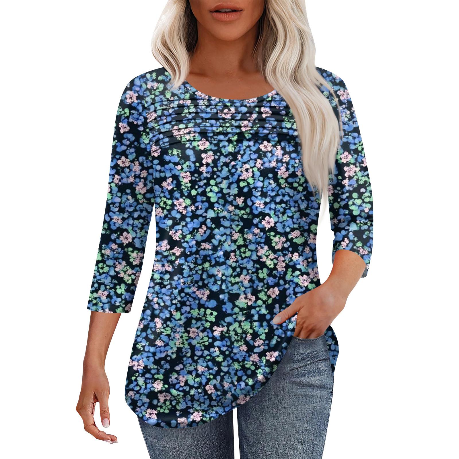 

Женская мода круглый вырез горловины плиссированная передняя планка топ рукав 3/4 L темно-синий