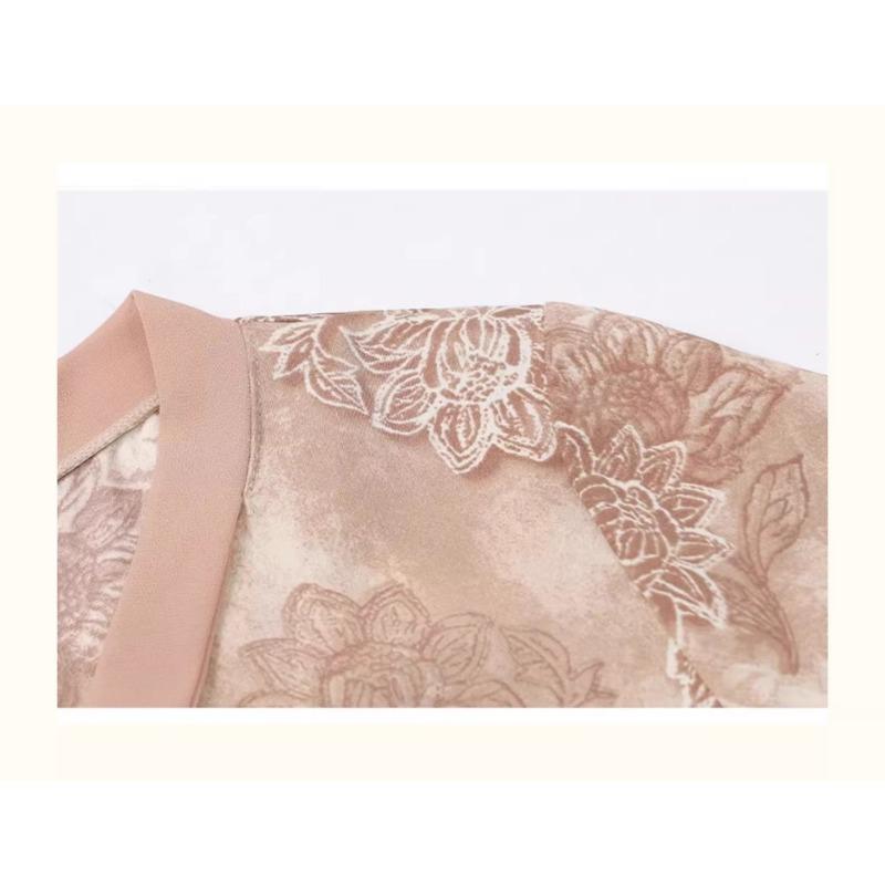Women Light Green Floral Embroidery Bow V Neck Three Quarter Sleeve Elegant Blouse