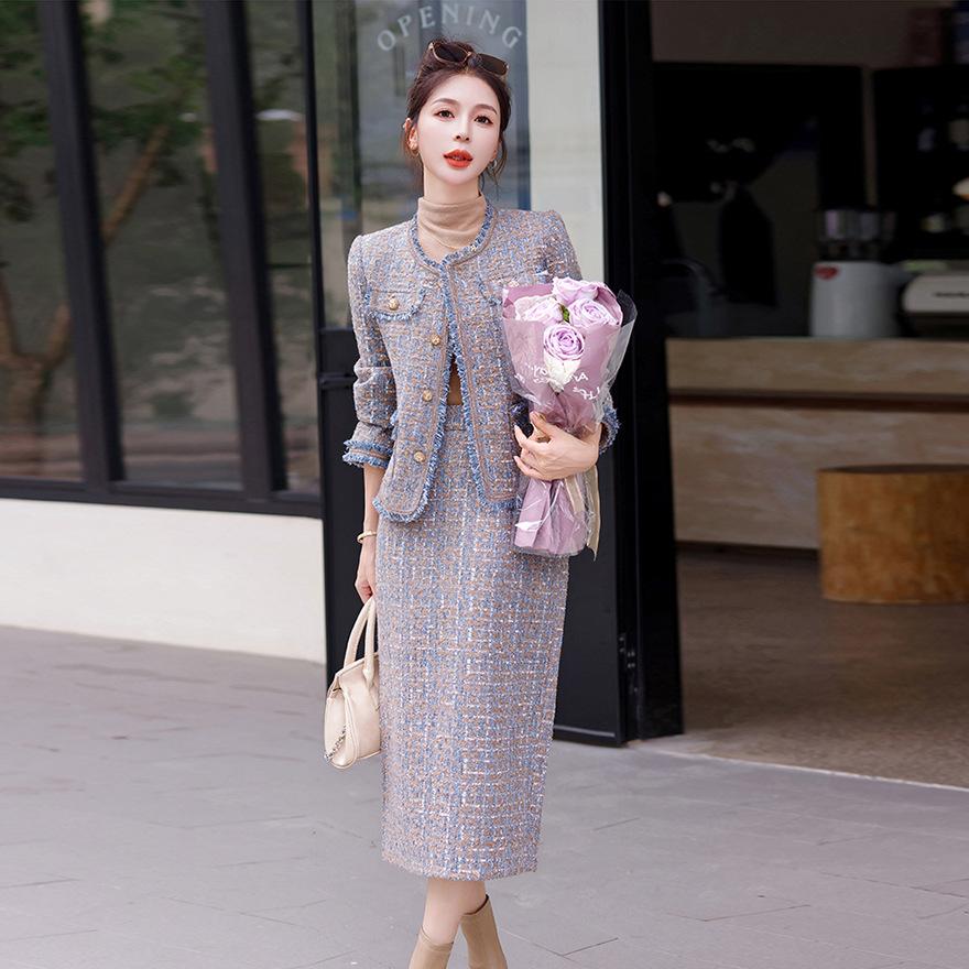 Design suit women's autumn and winter new fashion temperament celebrity thick flower hip skirt two-piece set