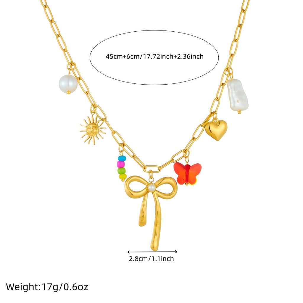 316L Stainless Steel Pearl Inlay Big Bowknow Sun Heart Pendant Necklace Women Trendy Personality Neck Chain Jewelry