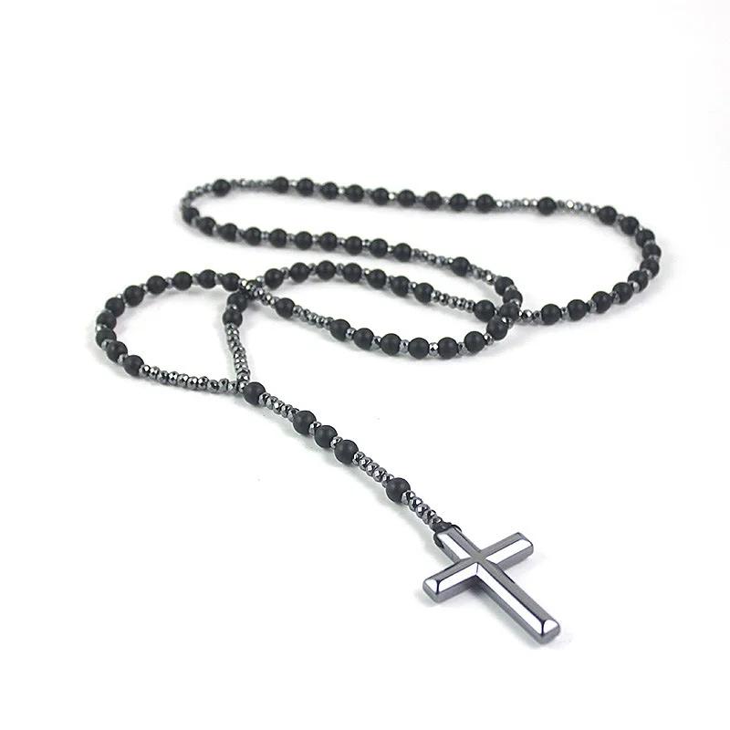 Stone Hematite Cross Car Pendant Catholic Christ Rosary Auto Hanging Meditation Protection Jewelry