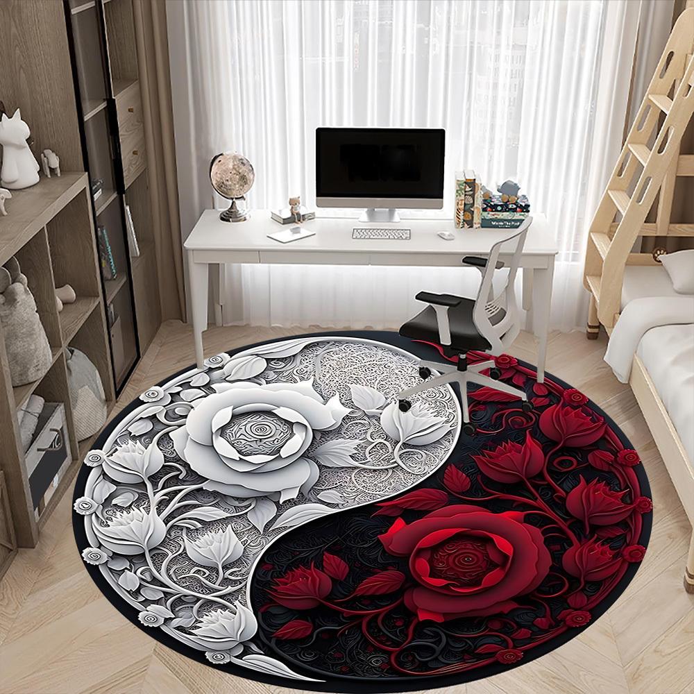 1pc Yin Yang Floral Carpet, Round Non Slip Durable Large Size Office Carpet, Suitable for Office