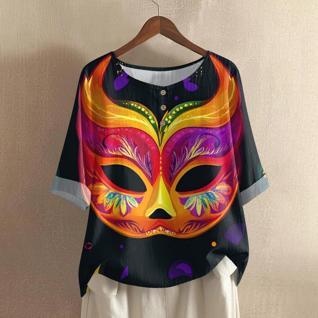 Women's Carnival Printed Casual Mid Sleeve Round Neck Cotton And Hemp Top