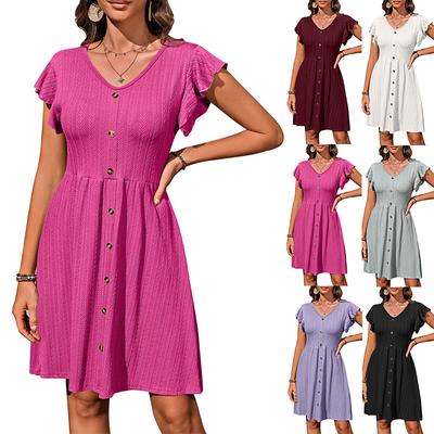Summer Women's V-Neck Button Waist Stretch Short Sleeve Dresses