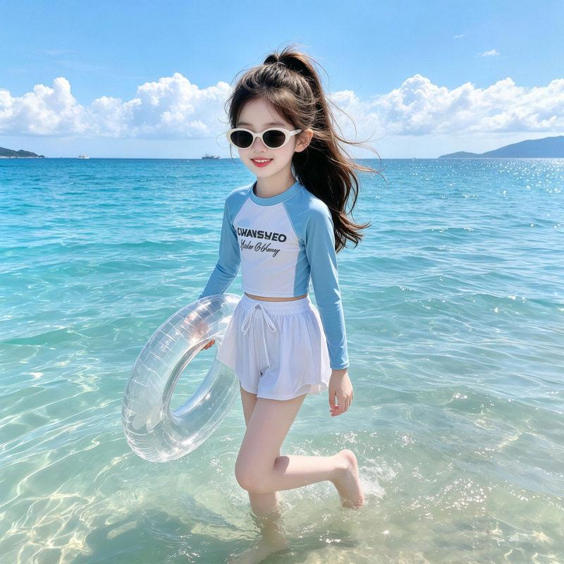 Girls Long Sleeve Two Piece Swimsuit Set Summer Kids Sun Protection Bathing Suit Fashionable Big Child Swimwear 120