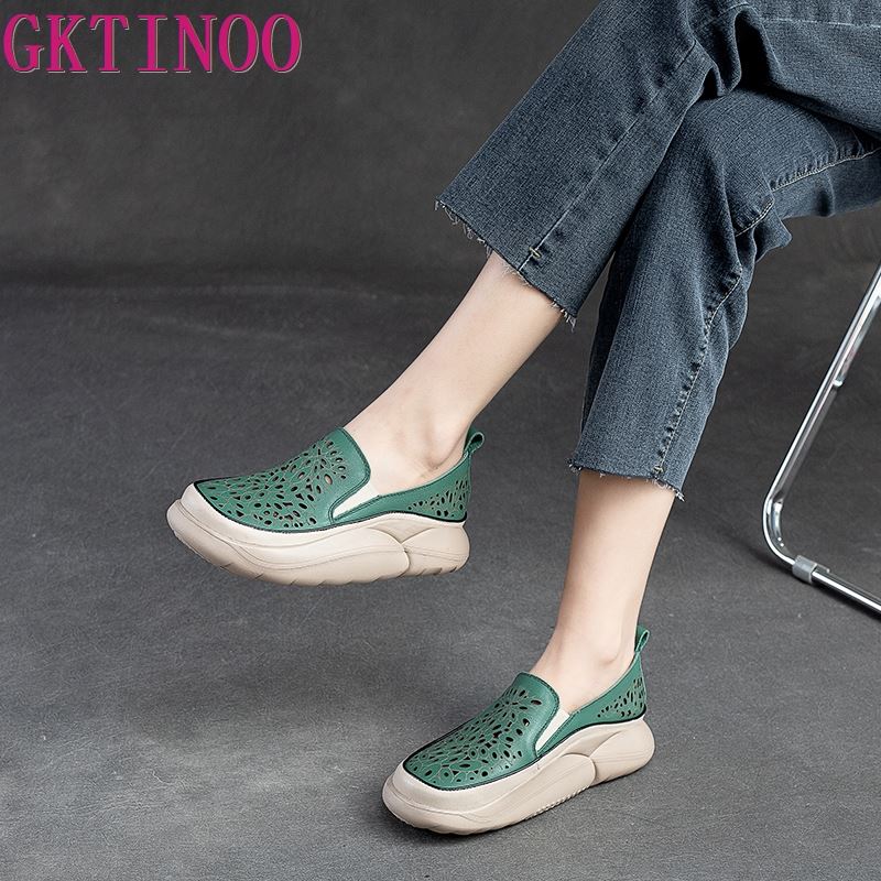 Fashion GKTINOO Fashion Women Hollow Sneakers 2025 Summer Thick Bottom Mixed Colors Genuine Cow Leather Platform Vulcanized Shoes